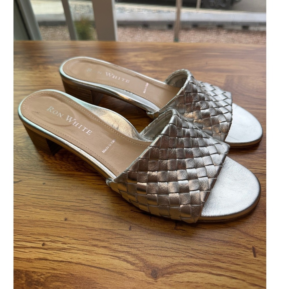Ron Whiteโ Silver Metallic Emia Woven Leather Low Block Heel Slide Sandals US 8